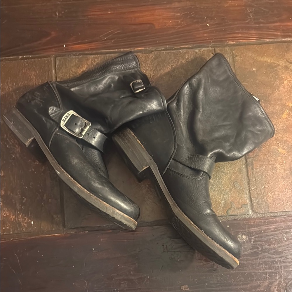 Frye Black Combat Moto Boots with Buckle Strap
